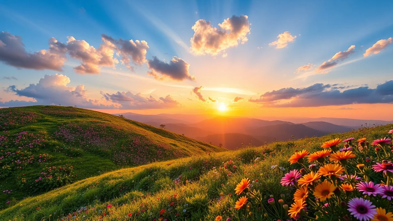 beautiful Green hills covered with flowers colorfull ,blue sky pretty clouds with godray at sunset ,very nice flowers at closeup ,wonderfull mountains at distance