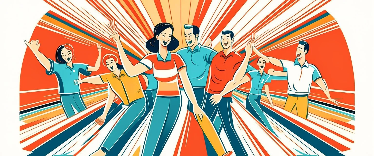 A vintage bowling alley interior with a group of friends celebrating a strike, wearing colorful bowling shirts. Style: Retro Illustration, Mood: Fun and Nostalgic, Lighting: Warm, overhead lights, T-shirt design graphic, vector, contour, white background.