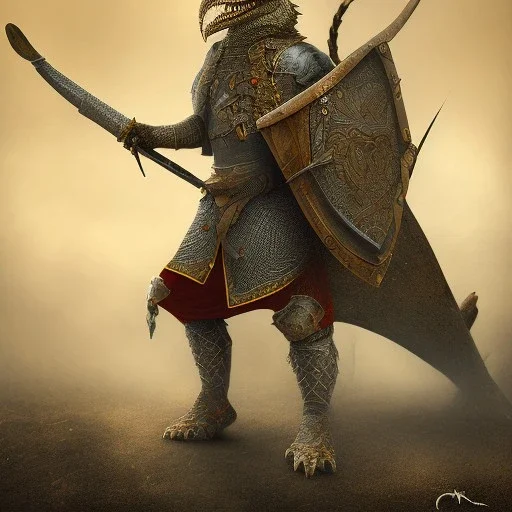 photograph of a warrior with crocodile themed armour. extremely detailed. dslr. 85 mm.