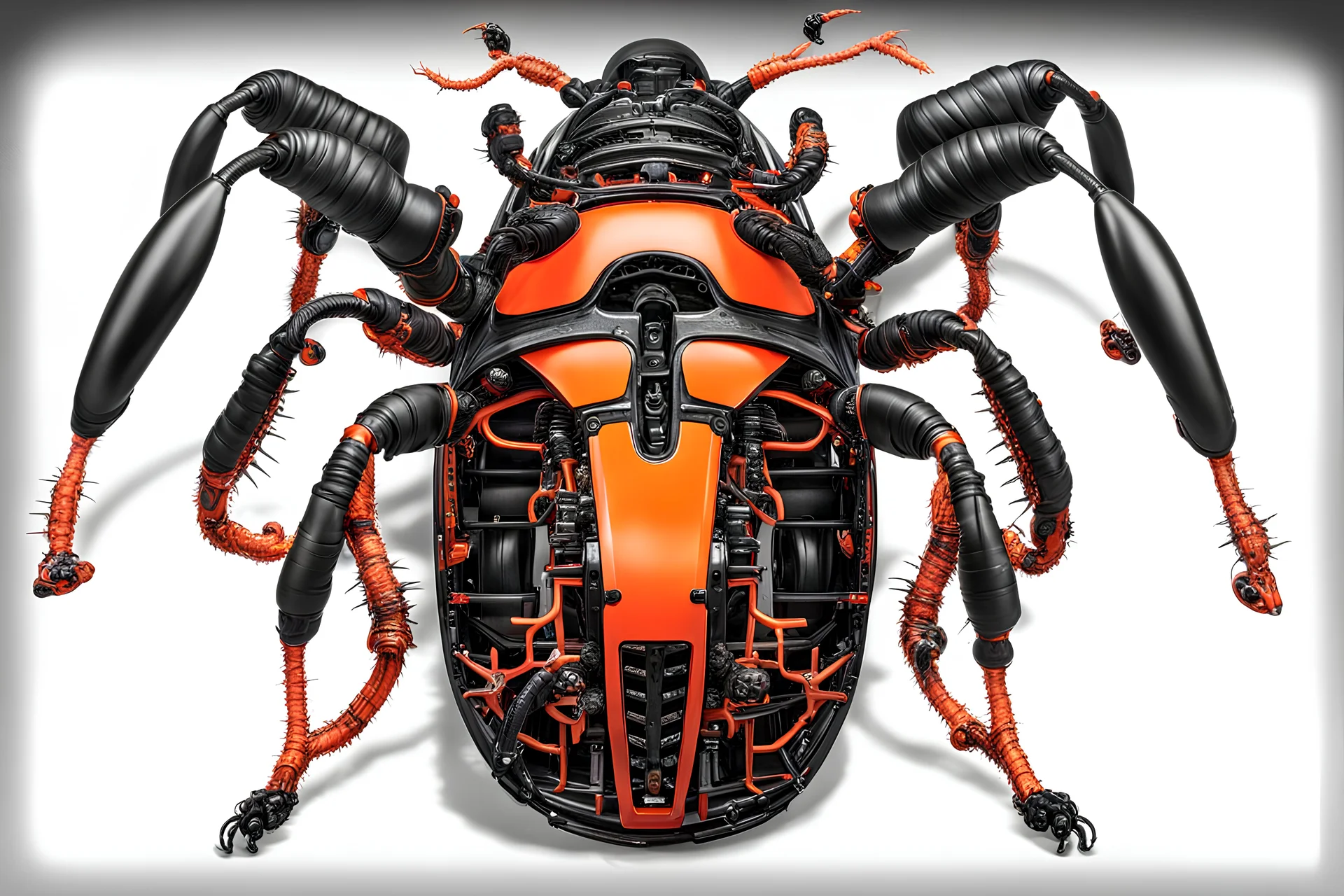 arachnid jet vw-beetle genetically spliced hybrid, black red and orange, biopunk, organic surrealism