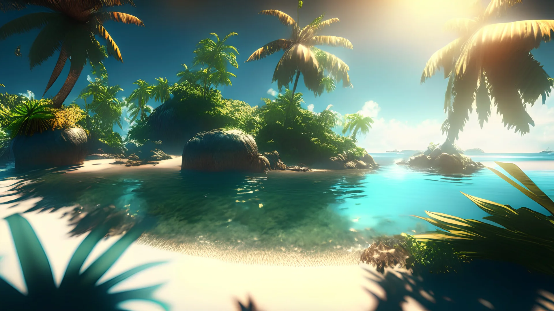 beautiful,sun,day,tropical, island, Realistic photography, incredibly detailed, ultra high resolution, 8k, complex 3d render, ultra sharp focus