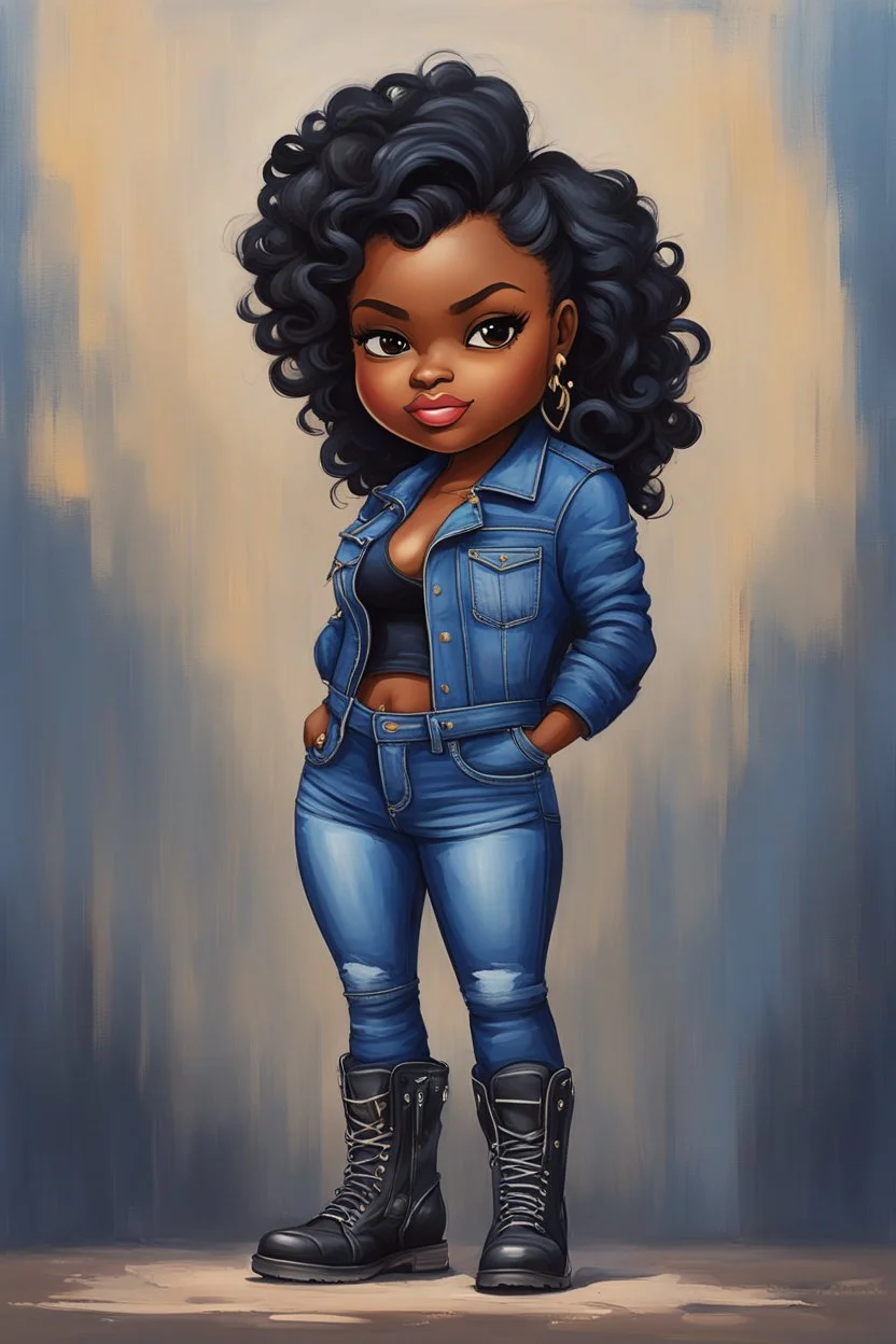 n this expressive oil painting illustration, we encounter a chibi cartoon rendition of a voluptuous black female exuding confidence and style. She stands proudly in her blue jean outfit, the denim fabric hugging her curves in all the right places. Her attire is completed by a pair of sleek biker boots, adding a touch of edginess to her ensemble. The character's face is adorned with prominent makeup, enhancing her features with bold colors and sharp lines. Her hazel eyes sparkle with a hint of m