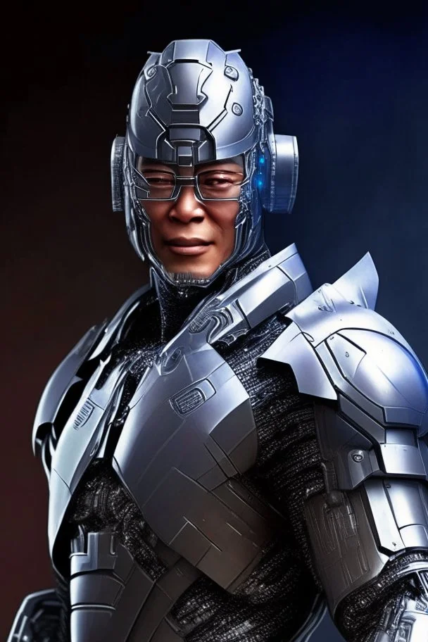 Cyborg armor with helmet on head serious face