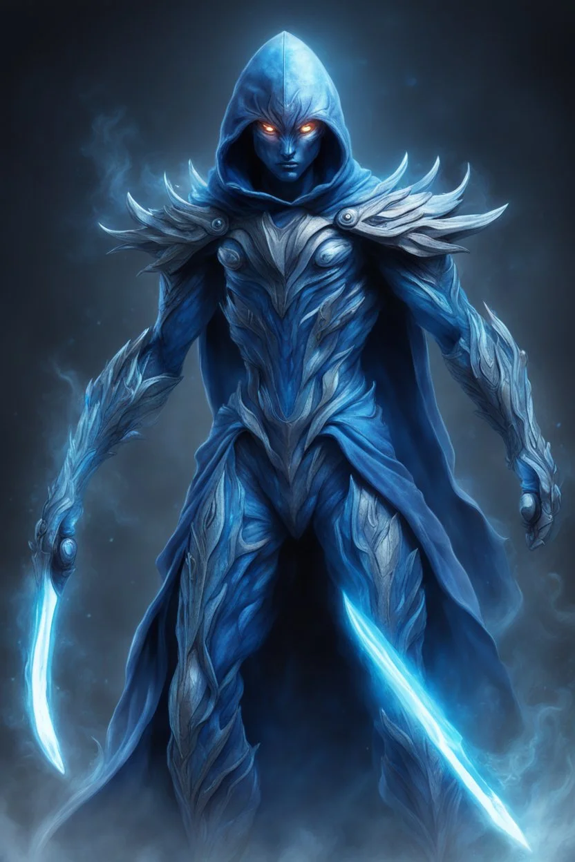 Ultra detailed, ultra realistic. Guyver rogue. Hooded cloak. Blades on his forearms. Glowing eyes. (((Swirling blue ethereal energy aura)))