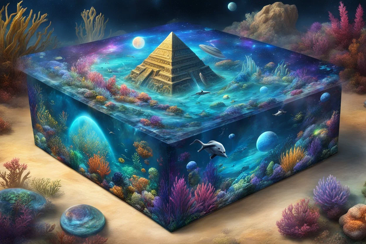 hyperrealistic, 4k, box for storing things with beautiful drawings a lot of colours, very detailed, subnautica, pyramid in the middle, sea plants, seal leviathan, few planets, space, galaxies,