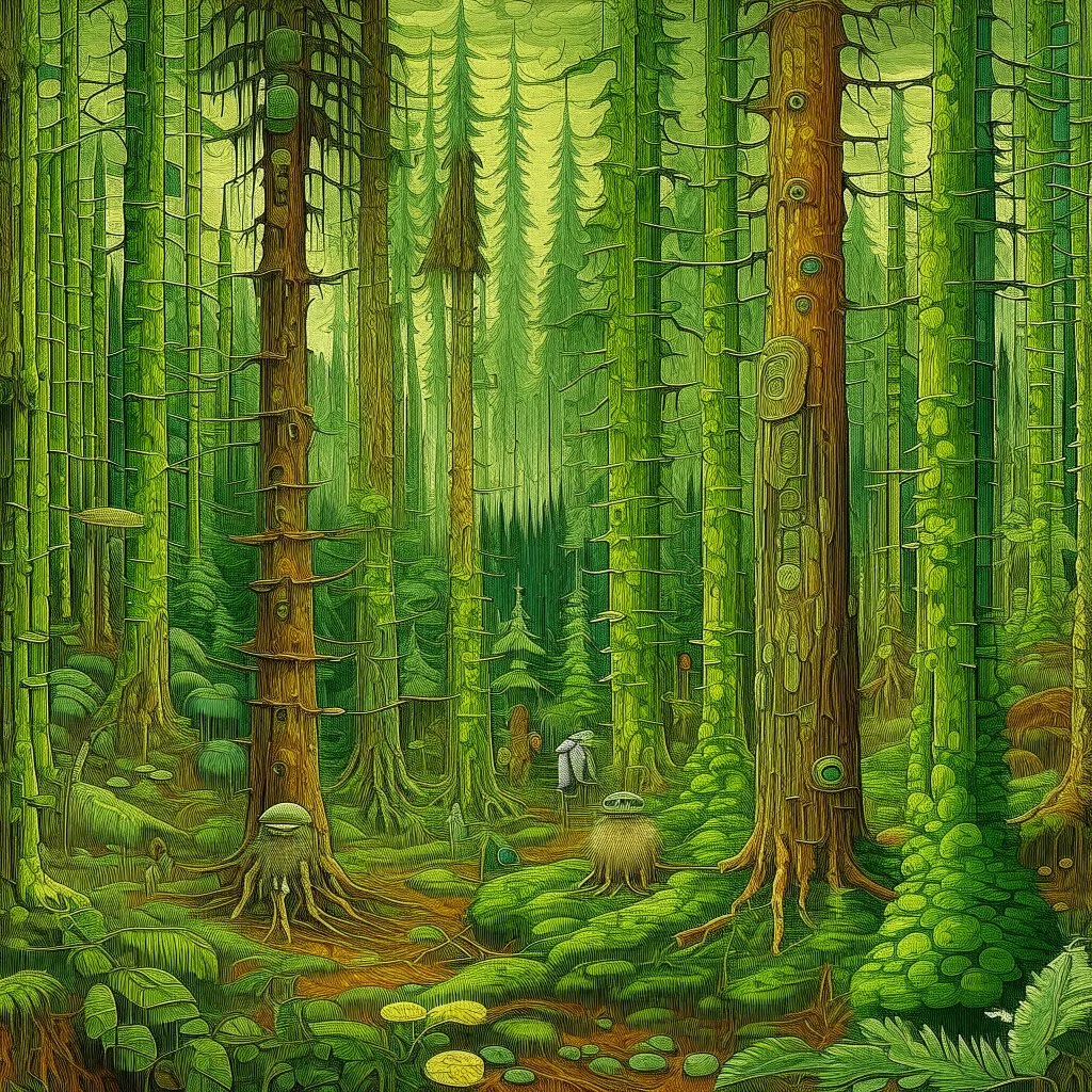 A green forest with insects designed in pacific Northwest totem poles painted by Vincent van Gogh
