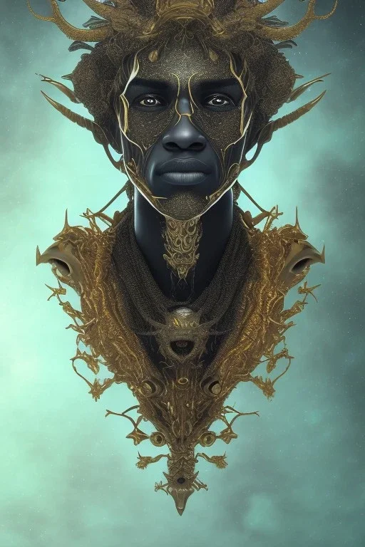 black male African alien, cracks in the voodoo head, wicked, diamond eyes, crown, blood, 8k, finely detailed, photo realistic, Boris Vallejo style turquoise skull head gold dragon space alien rain skeleton gold tooth silver helmet silver space suit spaceships