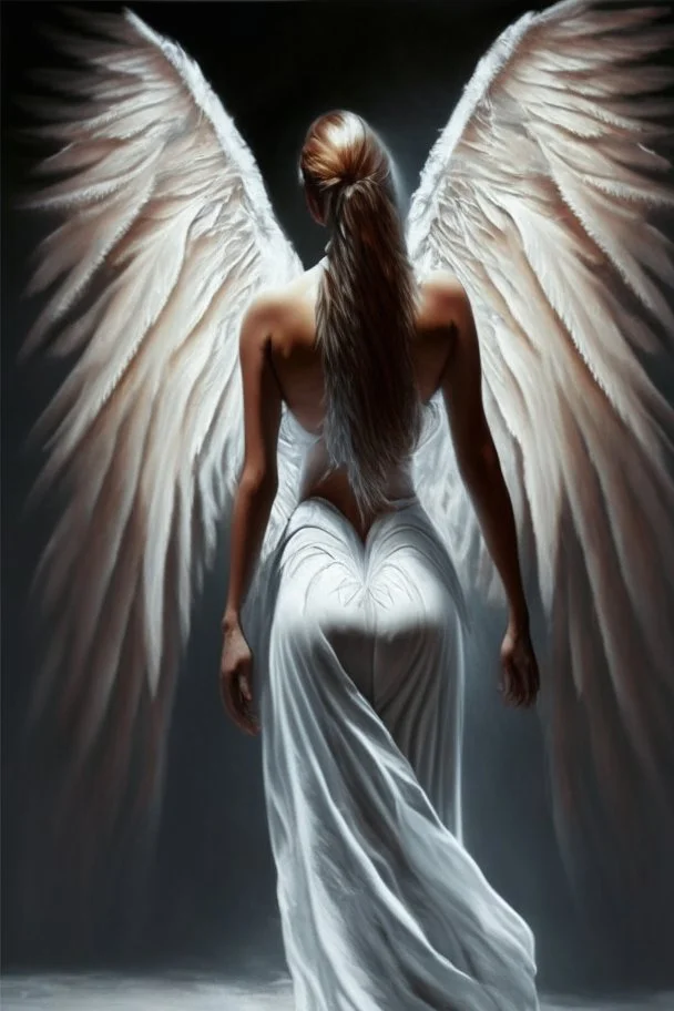 full body woman angel from back wings coming from her back, angel wearing long tunic hyper realistic