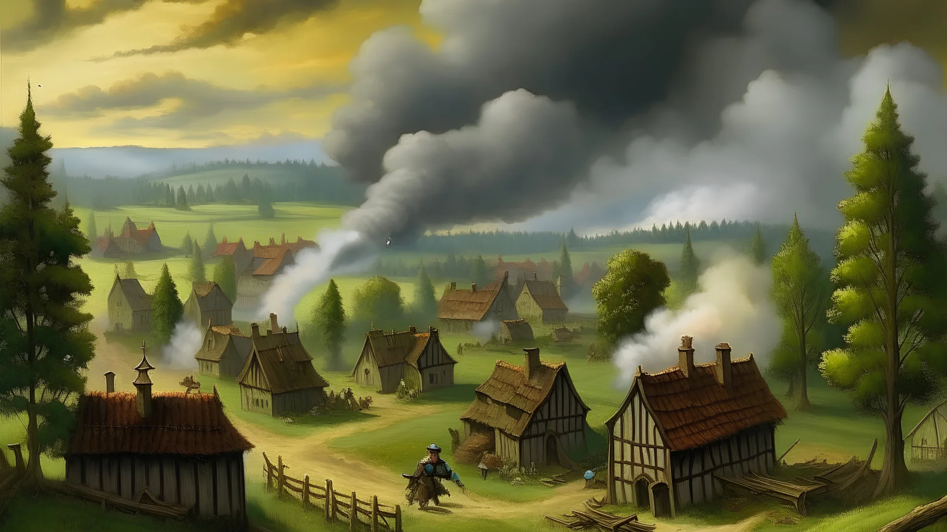 A medieval European Hamlet being raided, smoke, wooded countryside, farmland ,realistic, medieval, painterly, Bob Ross painting