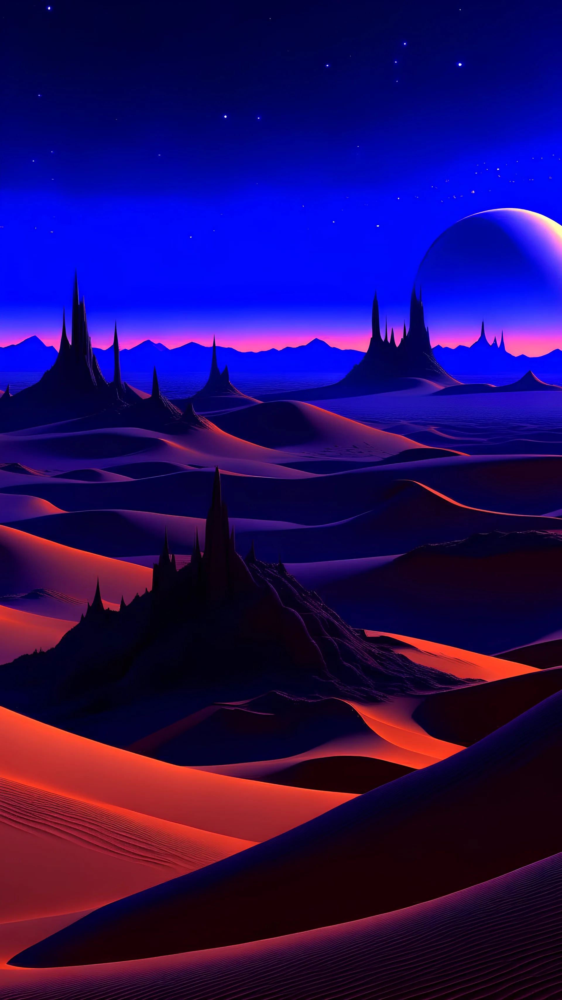 Create a vast desert landscape at twilight, with towering sand dunes that seem to go on forever. The sky is a deep, velvety purple, and three moons hang low, casting an eerie, otherworldly glow. Hidden among the dunes, a hidden city lies half-buried, its spires and arches hinting at an ancient, long-forgotten civilization.