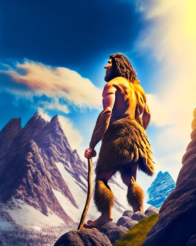 Retrato lel hombre de Neandertal cazando en las montañas colores complementarios arte digital foto realista obra de arte hiperdetallada intrincada sombras 3D iluminación cinematografica 8k 3D cuerpo completo clima soleado nubes