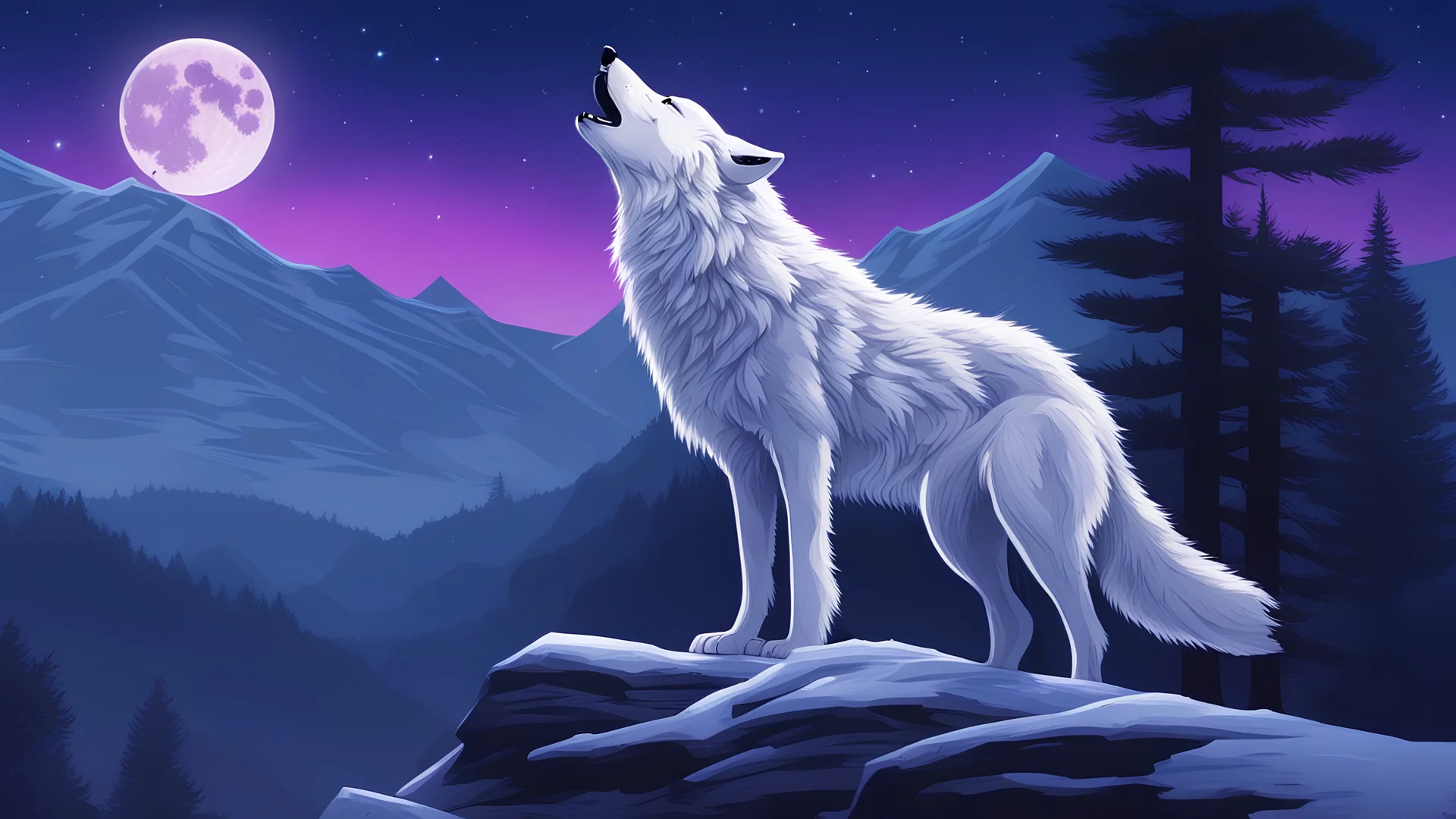 white wolf, standing on top of a snowy mountain, howling at the moon, dark forest background, starry night sky, blue and purple gradient sky