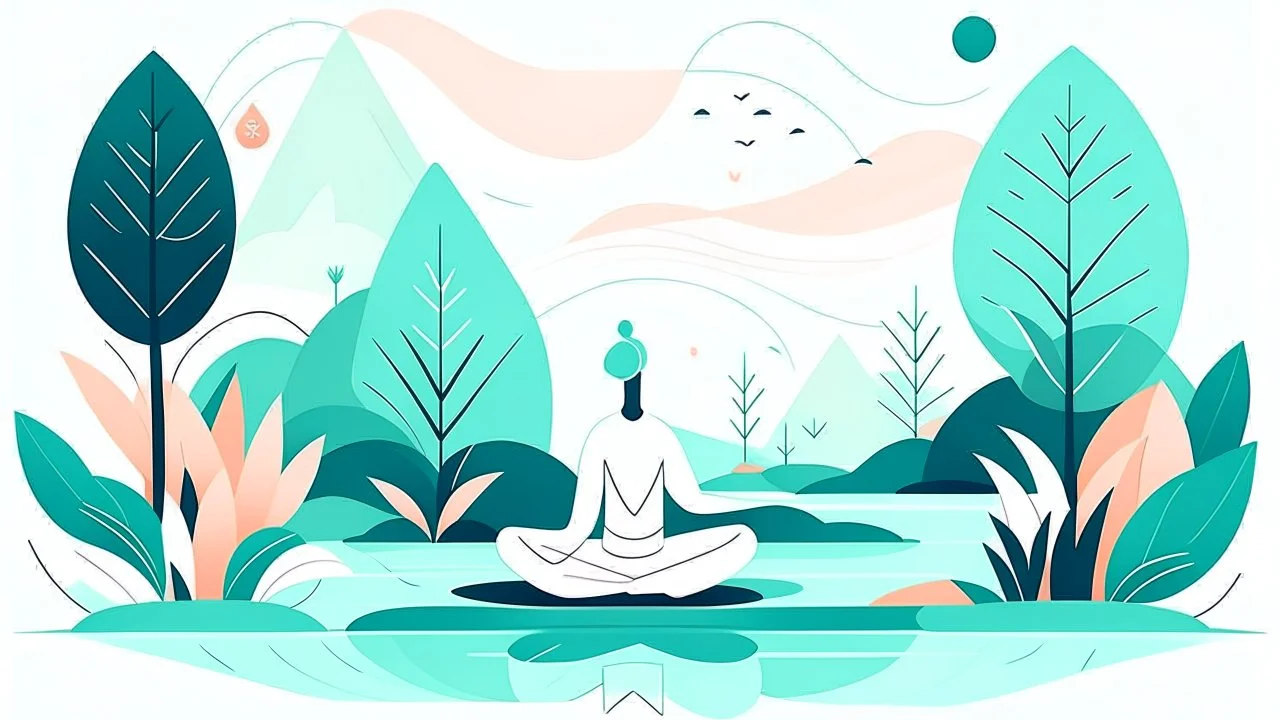 Create a serene and minimalist illustration with white background for a yoga and well-being website. Use a soothing color palette and depict a tranquil yoga scene with a yogi in several yoga poses surrounded by nature. Style must be Big and bold illustration, with hyperbolic representations of all kinds of shapes, forms, figures.