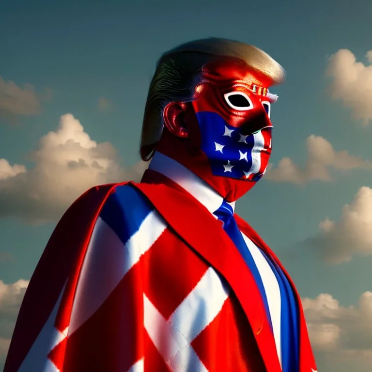 realistic image of donald trump as a mexican wrestling fighter posing outdoors, Mexican eyes wrestling mask, red and blue breeches, confederate flag cape, retro style, 80s, vibrant color, highly detailed, sky background, concept art, unreal engine 5, god rays, ray tracing, RTX, lumen lighting, ultra detail, volumetric lighting, 3d, finely drawn, high definition, high resolution.