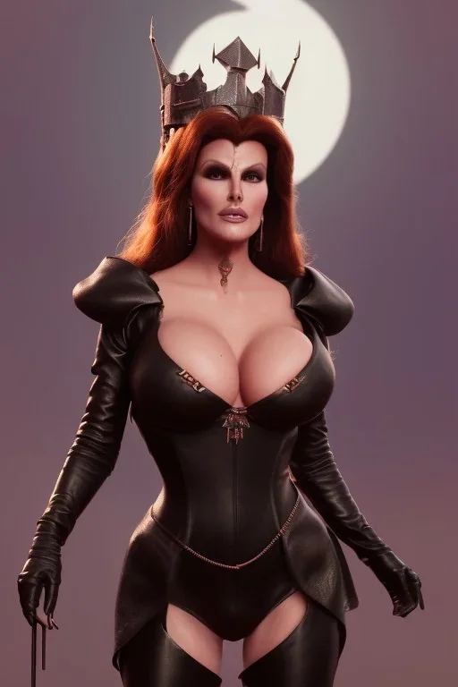 Raquel Welch as evil queen in black leather, leather, busty, cleavage, angry, stern look. character design by cory loftis, fenghua zhong, ryohei hase, ismail inceoglu and ruan jia. unreal engine 5, artistic lighting, highly detailed, photorealistic, fantasy