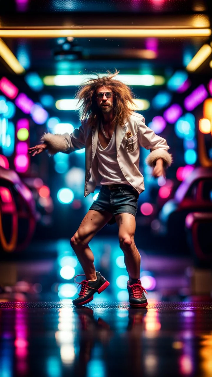 sexy stunt funky punk hippy hairy white skinned pimp tap dancer fashion gremlin in the middle of crazy dance moves dancing on buss parked in dark lit reflective wet arcade hall tunnel,bokeh like f/0.8, tilt-shift lens 8k, high detail, smooth render, down-light, unreal engine, prize winning