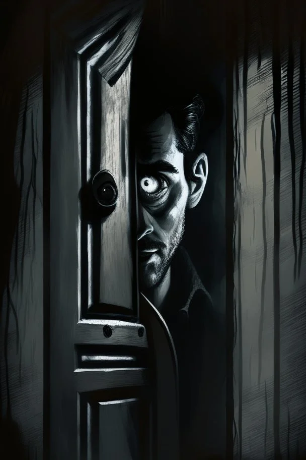 The man standing on the other side of the door, looking through the peephole with a suspicious expression on his face, modifiers: dark, Moody, shadowy, Low angle, film noir, Highly detailed, Digital painting, Artstation, Sharp focus, contrast, Contrasting colors, mystery, suspenseful, thriller, Expressionism, trending on deviantart, art by jock and sean phillips.