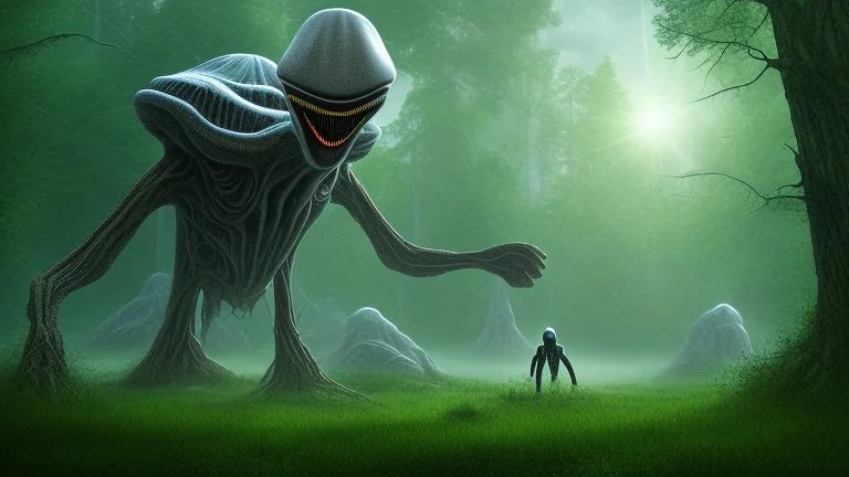 giant humanoid alien emerging from the forest into the plain