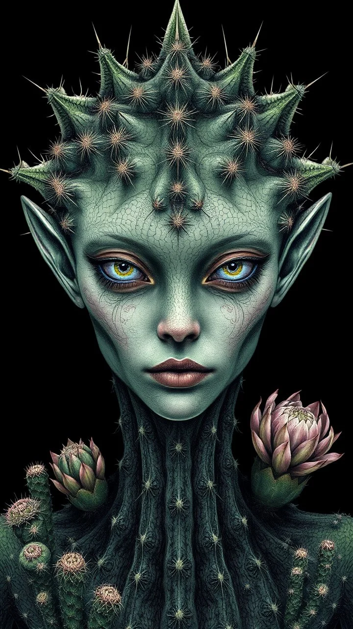 hypercomplex cactus sylph, symmetrical face, detailed face features, sharp eyes, soft skin, by Daniel Merriam, by Albrecht Altdorfer, surreal, abstract, half alien, half woman, cactus growing Modifiers: fantasy intricate very attractive beautiful Unreal Engine hdr cinematic postprocessing pencil sketch black ink Craig Rutkowski more Magic Prompt A surreal fantasy portrait of a hypercomplex cactus sylph with a perfectly symmetrical face, featuring sharp, piercing eyes and impossibly soft skin th