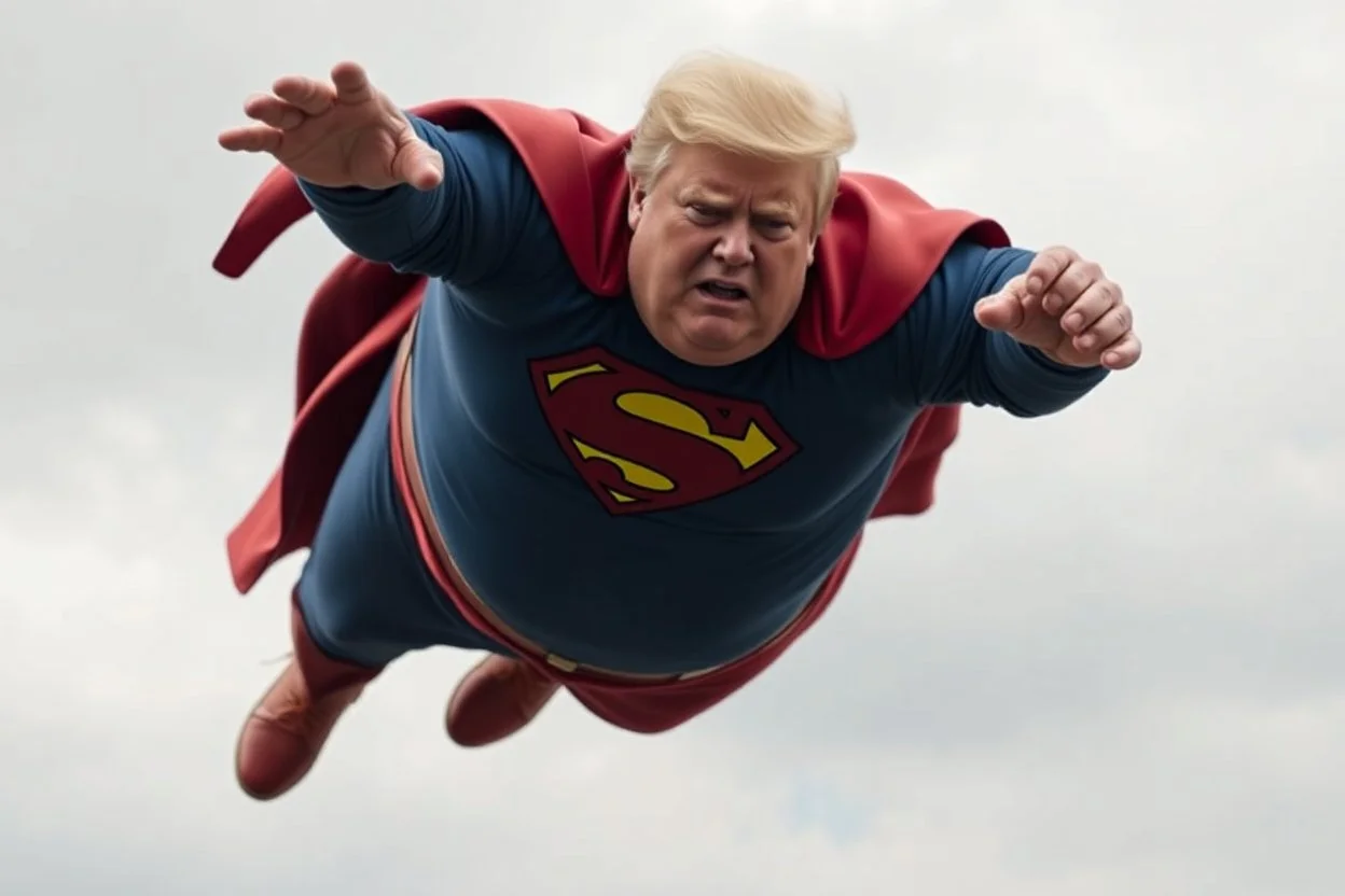 a thoroughly confused, frail, elderly and obese donald trump flying through the air dressed as superman