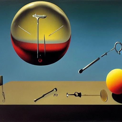 landscape with Soap Bubble,complex surgical instruments mixed with musicial instruments,minimalism,Painting By Adrian Ghenie, Rene Magritte, Salvador Dali, Lucian Freud