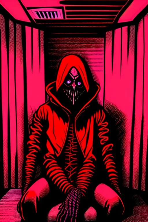 A scary gothic person sits quietly in the middle of a soundproof, padded room conveying intense dramatic emotions in a muted environment, wearing a bright red straitjacket , a mask to cover the mouth area of cannibal evil scary, dark and gothic look, cold eyes, eary ultra detailed,.32k, digital art style with messy paint, hardened sealer appearance, impasto, dramatic Arial view with explosive chaotic background