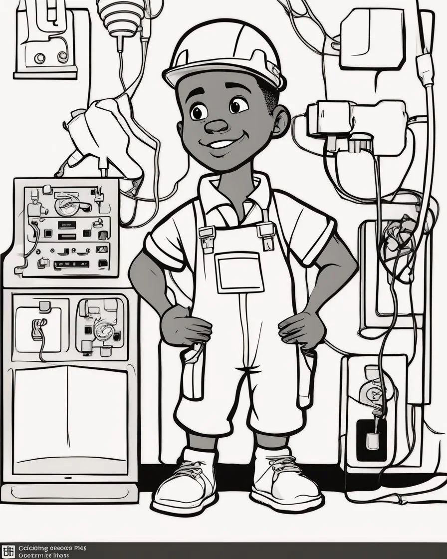 coloring page, depicting a black boy as a Electrician, full body, outline, black and white, highly defined, well defined, white background, empty background, cartoon style, coloring book style