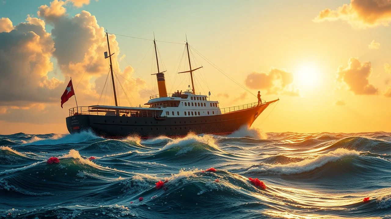 a big ship in oecieon in powerfull waves ,a beautiful sun set and dreamy clouds , young couple dancint on deck and flowers flows from deck to water