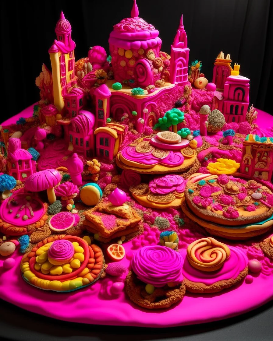 A magenta sweet utopia made out of cookies and cakes painted by Alan Sorrell