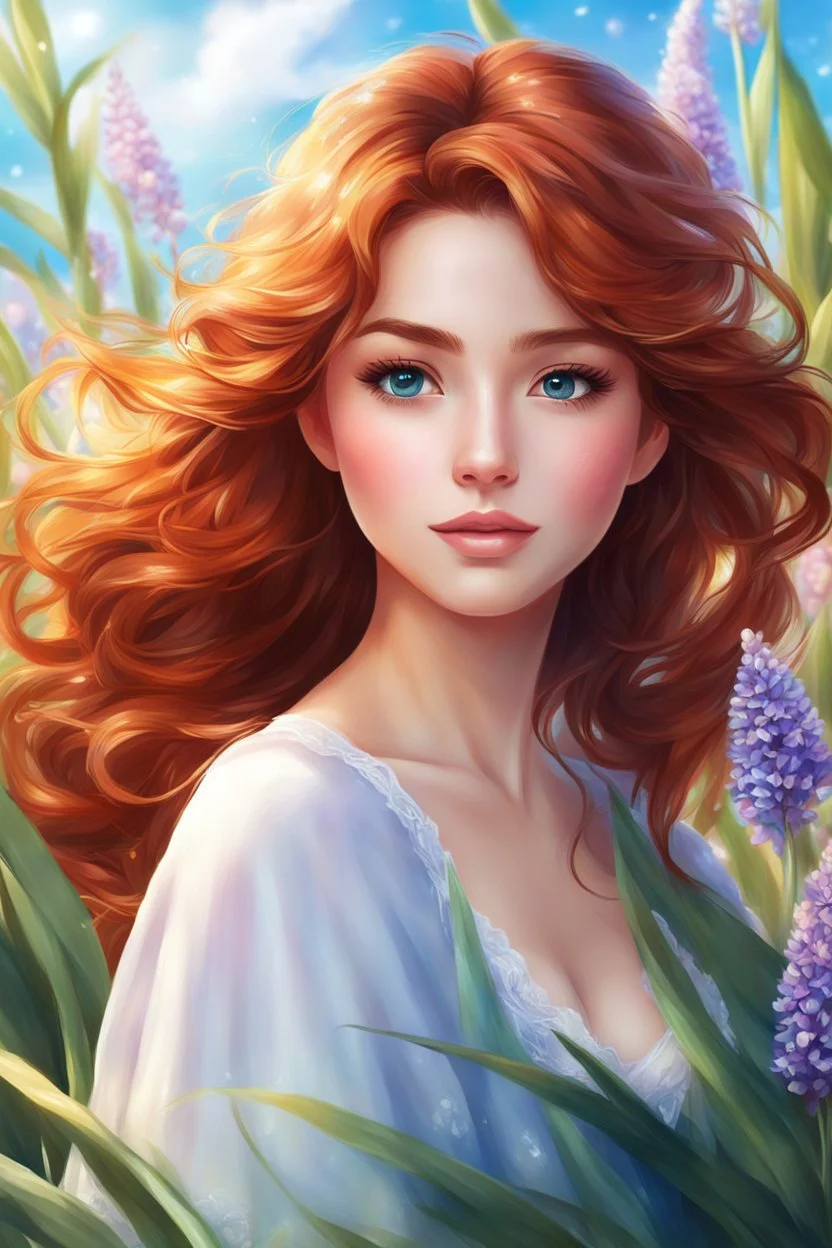 Digital painting style, cute face, front view, portrait anime girl. With auburn locks that sway in the breeze, And eyes that sparkle like the seas, She walks amongst hyacinth flowers bright, A true beauty, a lovely sight. adorable digital painting, beautiful painting, gorgeous painting, highly detailed, vibrant colors, 4k, high quality, high detailed