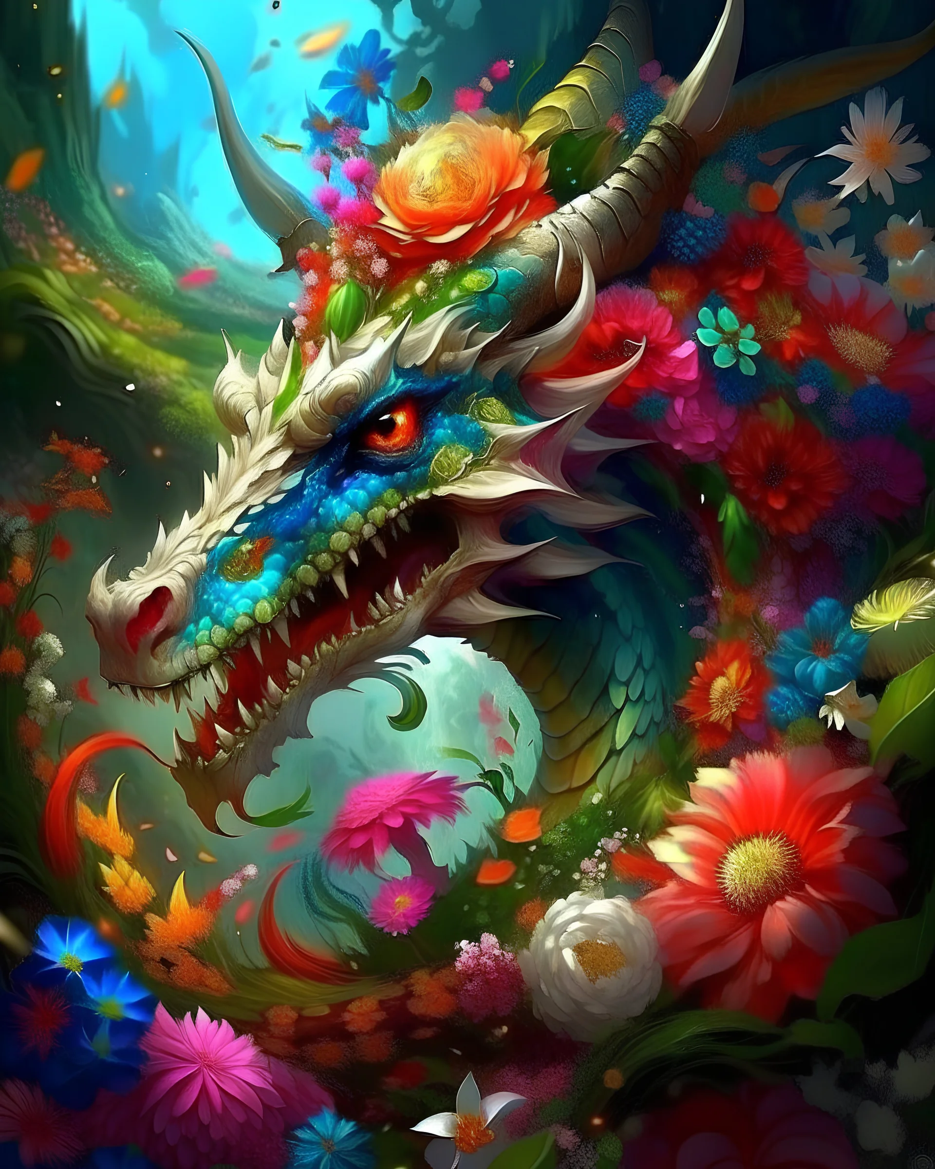 show his body too, Bigger horn, more sharp eyes, Beautiful dragon, surrounded by flowers, colourful digital art, ai art, fantasy, mythology