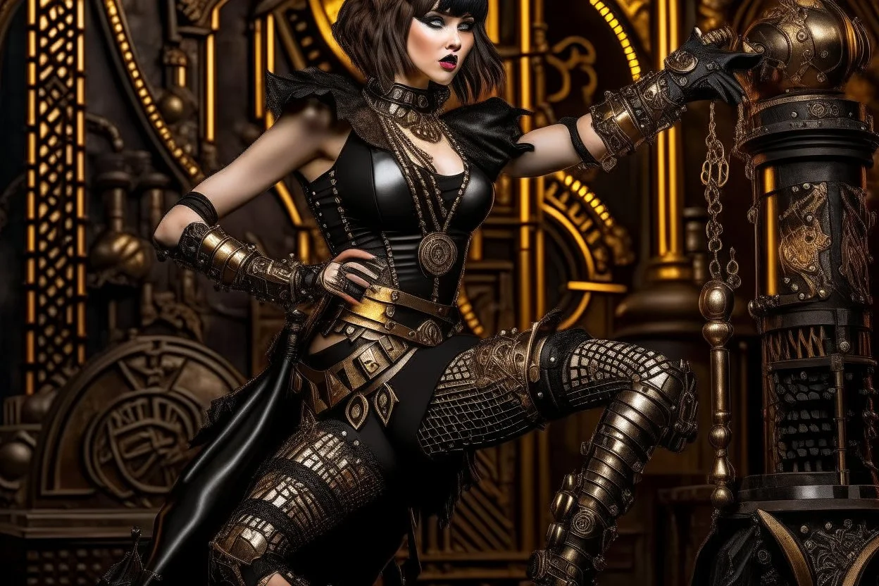 a pale-skinned Cleopatra, with a bob hairstyle, in a steampunk setting, black boots, in a fighting stance