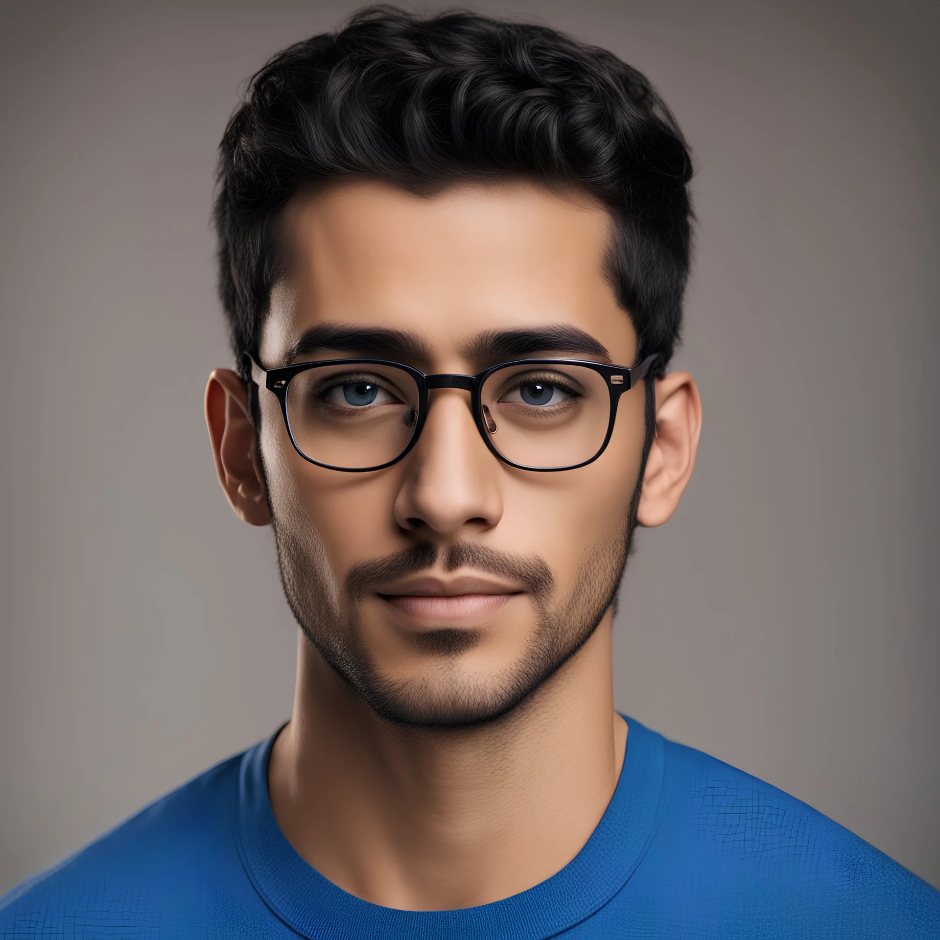 26 years old Egyptian male wearing blue shirt, with glasses, short hair, no beard