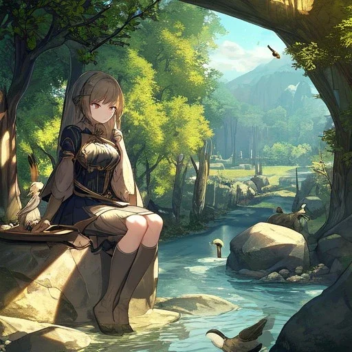 anime girl meditating, rock trees, birds, creek