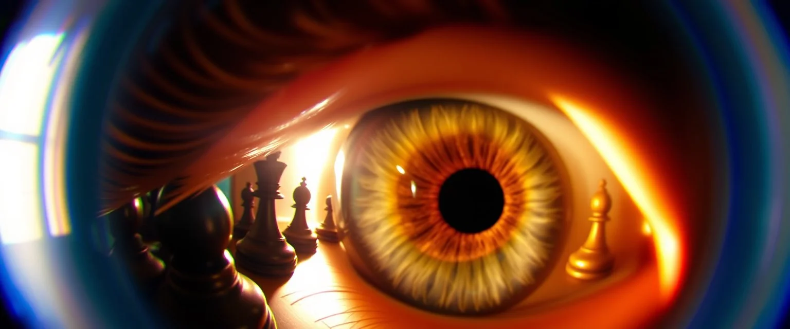 fish eye lense, pin hole cam, master oil painting by Rembrandt, realistic rendering one eyed chess engel a sense of depth