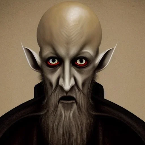 Nosferatu with four yellow eyes with tentacle beard grey skin and vampire fangs as a Russian Orthodox bishop