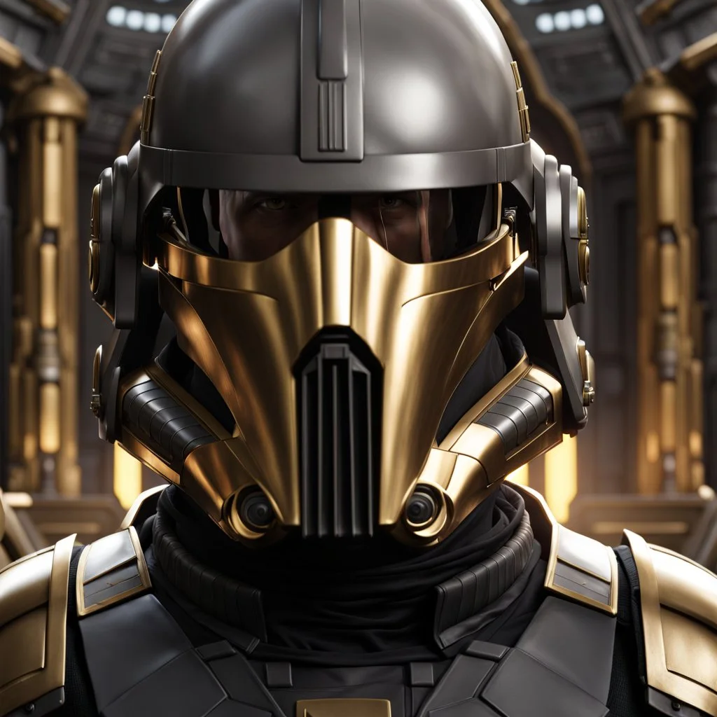 star wars bald male corellian pilot wearing pearlescent black and gunmetal grey First Order special forces heavy assault stealth commando armor and helmet with gold trim inside the jedi temple, hyperdetailed, dynamic lighting, hyperdetailed background, 8k resolution, volumetric lighting, light skin, fully symmetric details