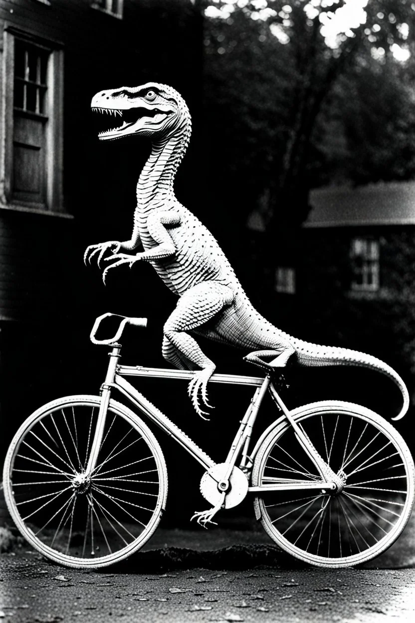 Velociraptor riding a bicycle in 1873. Photograph.