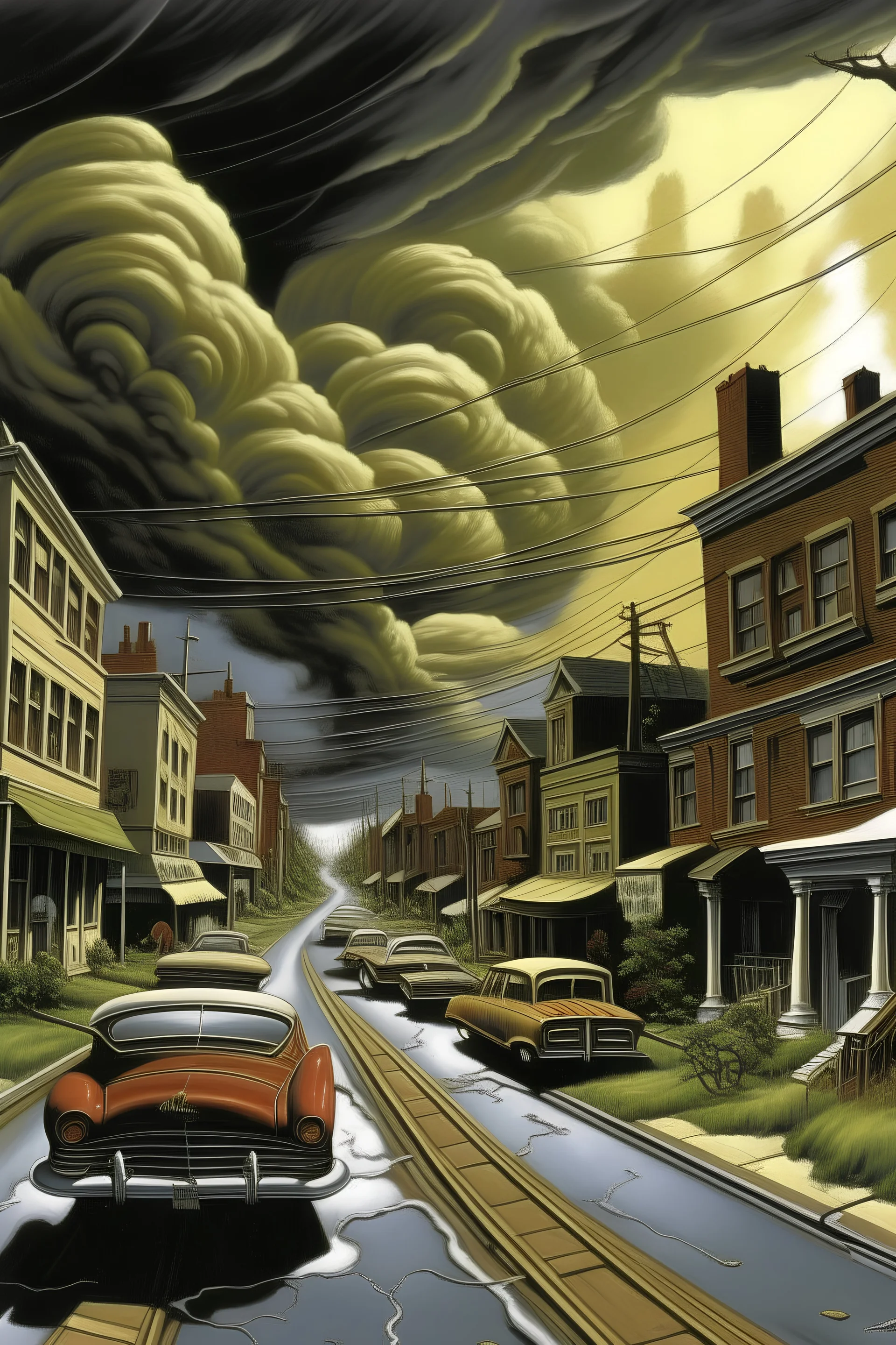 an apocolyptic street with tornado coming through by richard estes