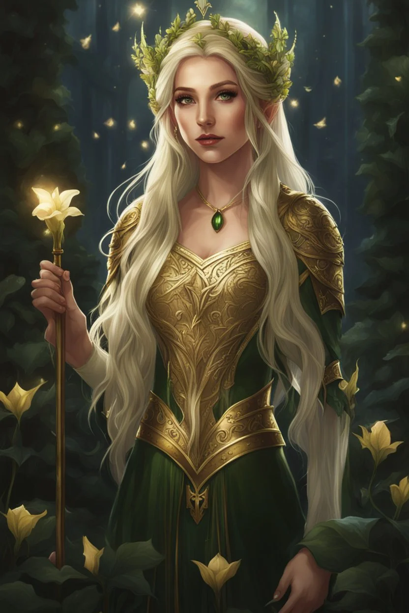 Dark green hair,Rapunzel hair,golden armor,night,sparkle,lily of the valley,ivy,elven warrior,elven ears,burgundy,green,gold,elven crown,extremely long hair