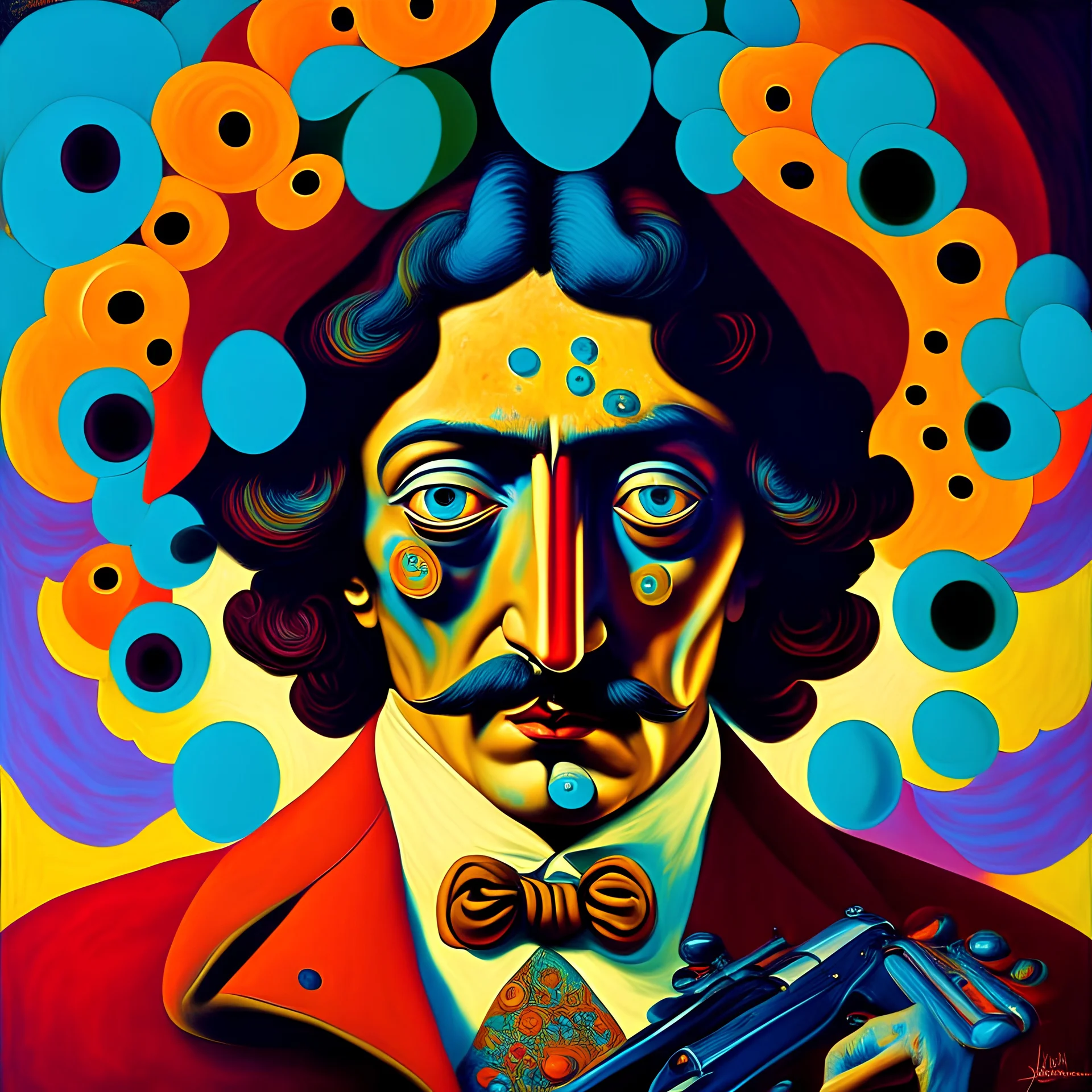 Surreal and whimsical portrait of a person with pistol barrels instead of eyeballs, abstract art style, vibrant colors, intricate details, long shot, by Salvador Dali and René Magritte.