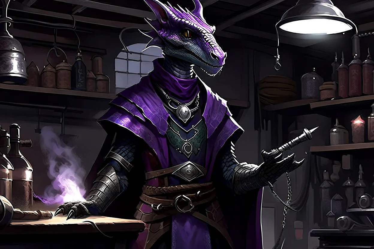 a black and purple, female argonian artificer who uses Tesla coils, skinny, wearing little armor and a cloak, in her lab