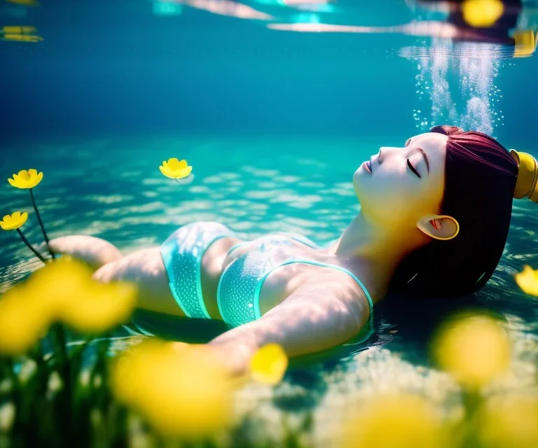 Anime girl underwater with yellow flowers for hair, closed eyes, rtx, reflection, 8k, glow, winning photography, caustics