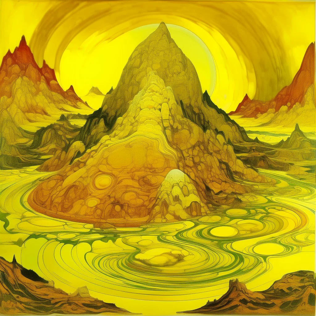 A golden yellow mountain with acid pools painted by Frank Lloyd Wright