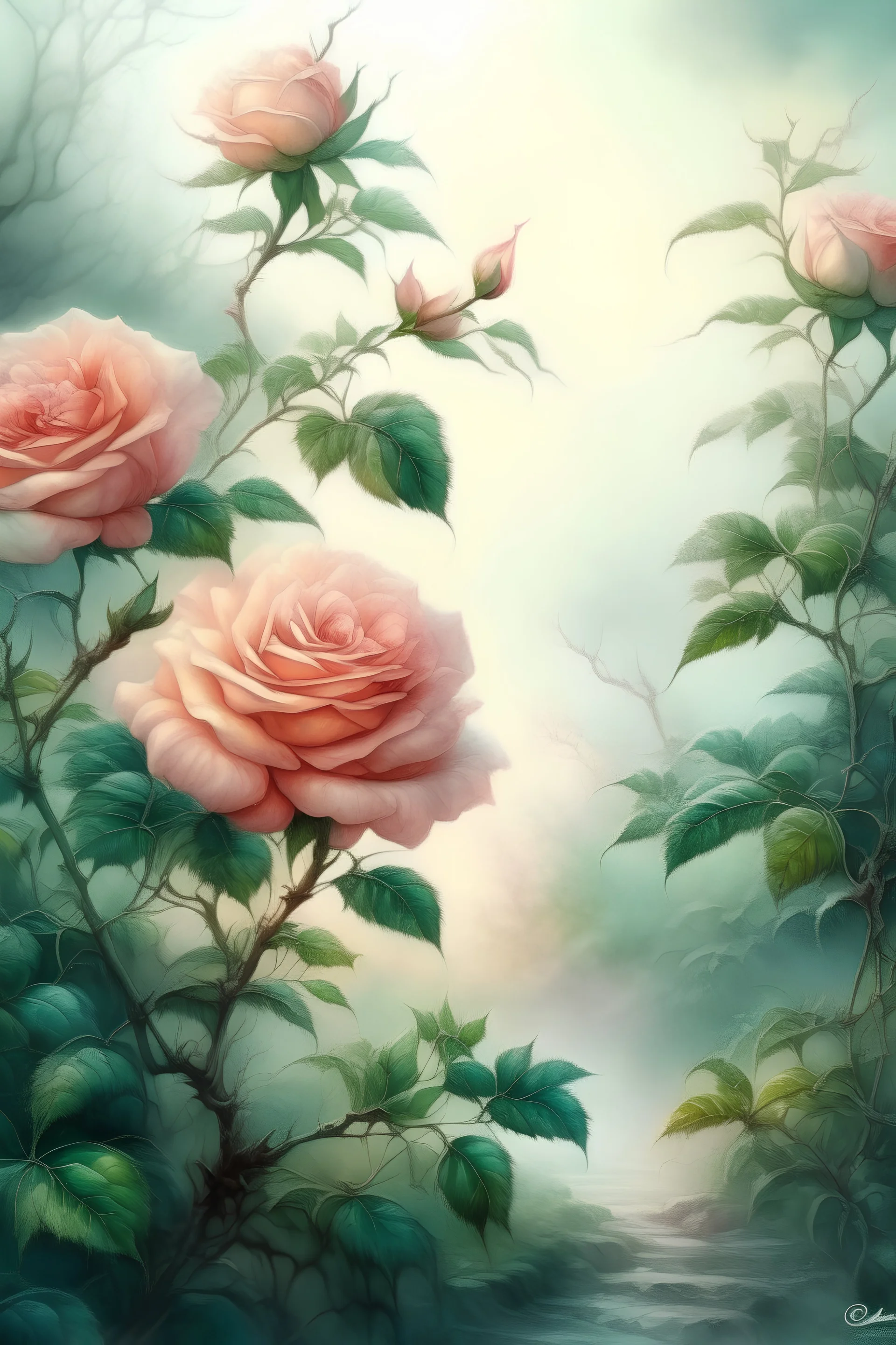 Watercolor, double Chinese rose bush, ultra-detailed, morning, rain, greenery, beautiful landscape, fog, many details, delicate sensuality, realistic, high quality, 3d, work of art, hyperdetalization, filigree, foggy haze background, hyperrealism, professional, transparent, delicate pastel tones, back lighting, contrast, fantastic, unreal, translucent, glowing, clear lines, epic fabulous, fabulous landscape, hyperrealism