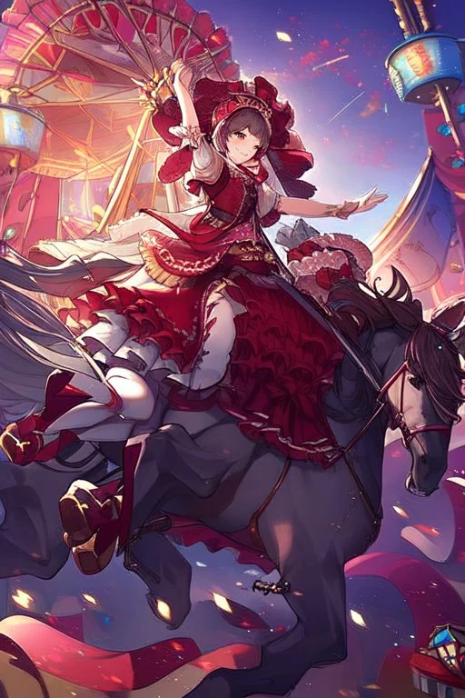 Ragazza vestita in stile Lolita rosso che cavalca un cavallo del Carosello, disegnata in stile Tahra Art