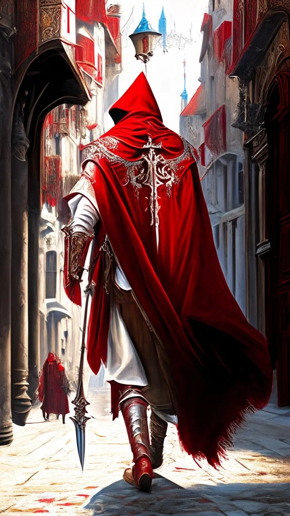 Assassin creed con dagas y espadas detalles en los pantalones en el pecho y en las botas caminando por Venezia capa pintura al óleo estilo renacentista hiperdetallado detalles intrincados obra de arte blanco rojo 8k