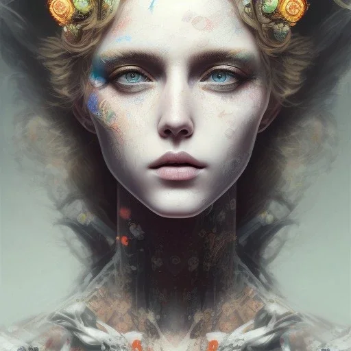 singer Danish MØ face, illustration by <Yoji Shinkawa>, intricate detail , soft smooth lighting, soft pastel colors, wildflower, facepaint, intricate, oil on canvas,