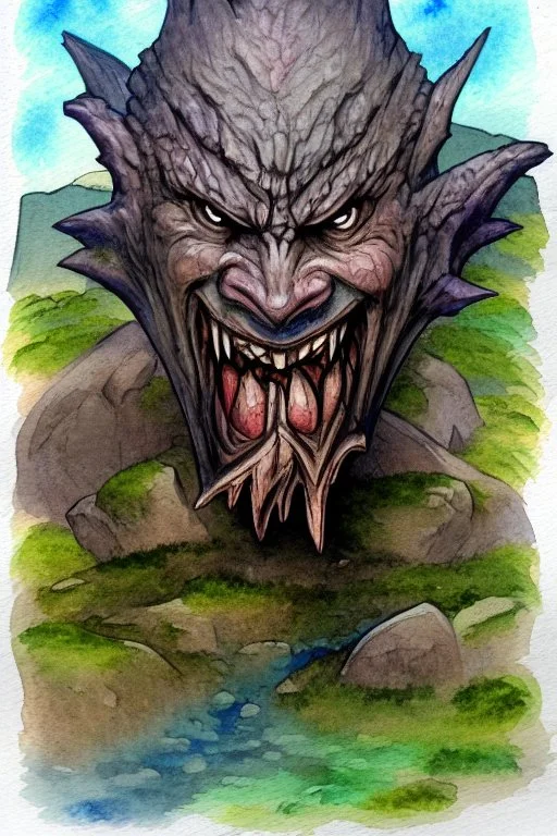 dnd, fantasy, watercolour, ilustration, dao, rock surface, earth elemental face, angry, greedy, powerful