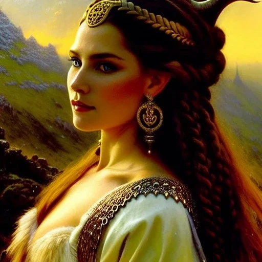 portrait beautiful face viking queen,braids,busty,horned helmet,snow,castle,mountains,ancient leather armor, balanciaga fashion clothe painting by gaston bussiere, greg rutkowski, yoji shinkawa, yoshitaka amano, tsutomu nihei, donato giancola, tim hildebrandt, oil on canvas, cinematic composition, extreme detail,fit full head inside picture,16k